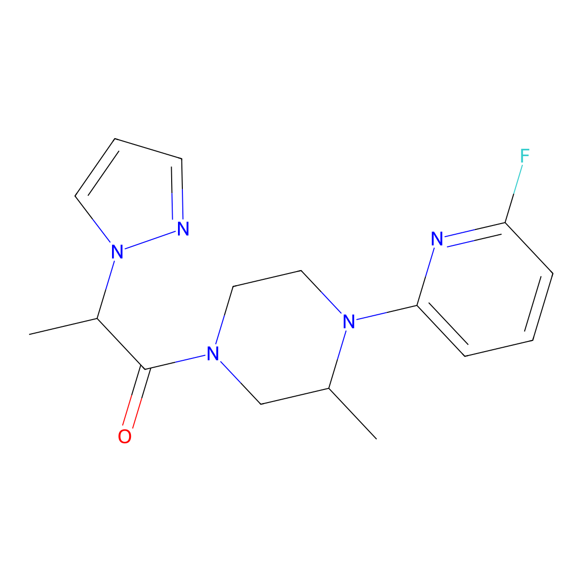 1-[4-(6-fluoropyridin-2-yl)-3-methylpiperazin-1-yl]-2-(1H-pyrazol-1-yl)propan-1-one molecular structure, CAS 3054617-77-2