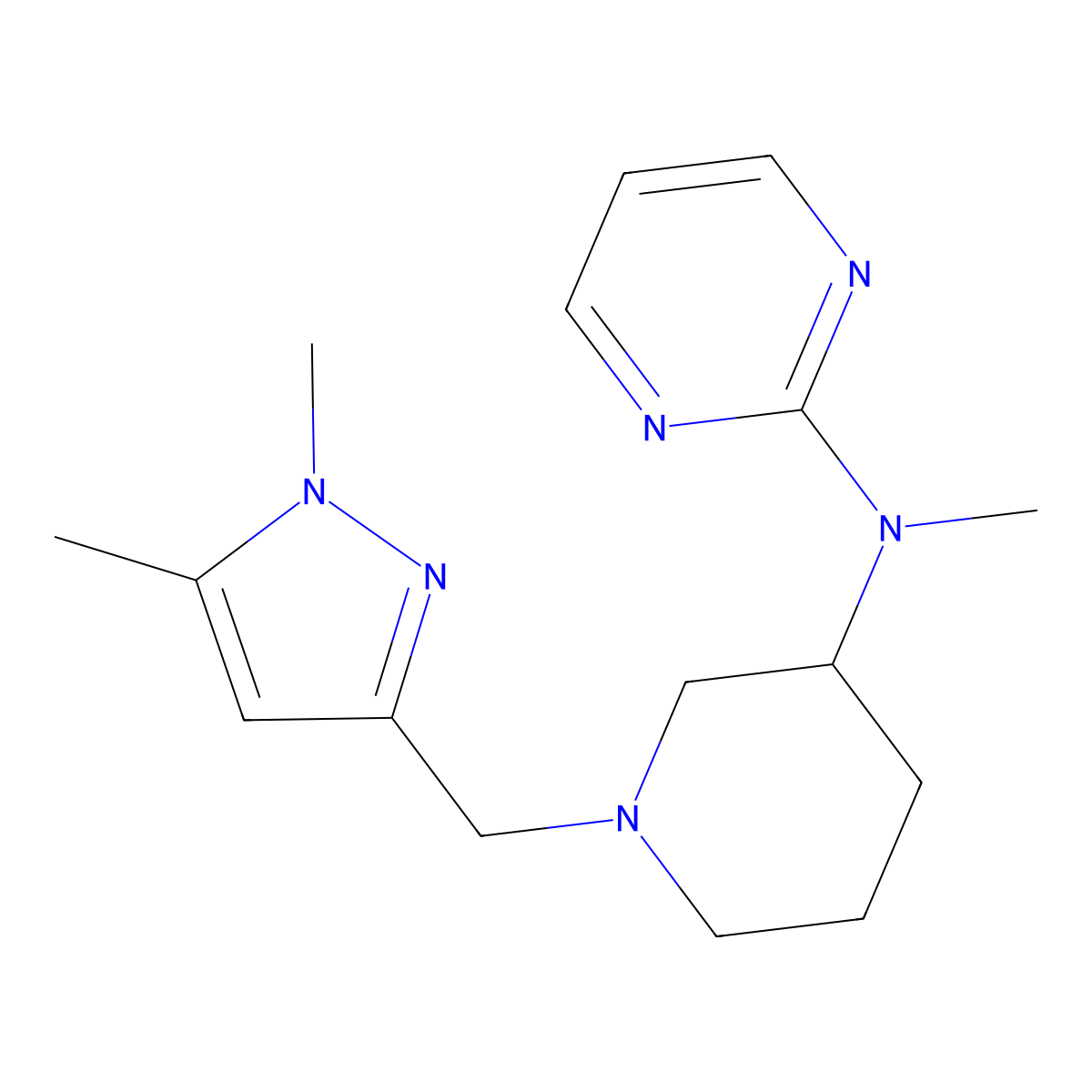 N-{1-[(1,5-dimethyl-1H-pyrazol-3-yl)methyl]piperidin-3-yl}-N-methylpyrimidin-2-amine molecular structure, CAS 3054617-86-3