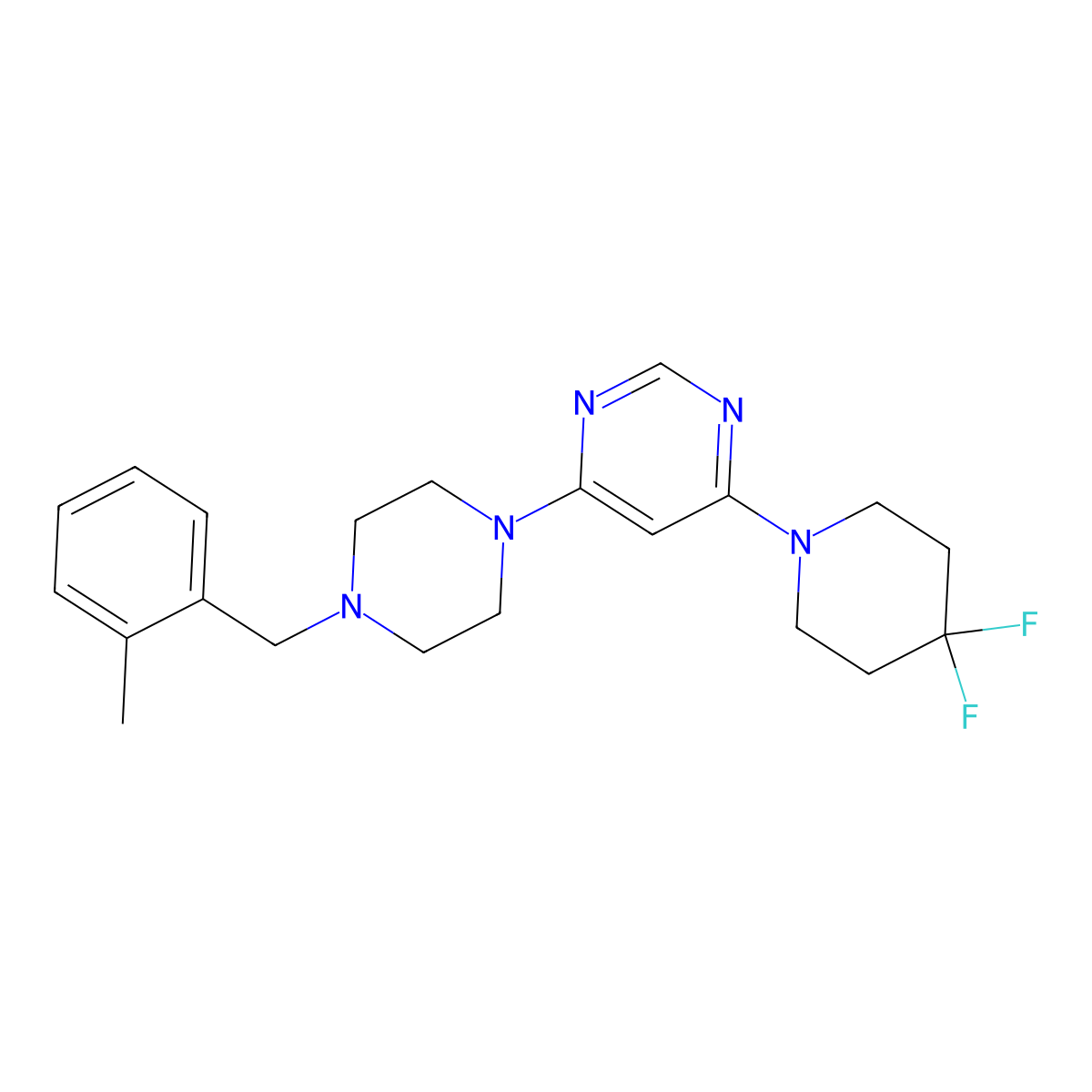 4-(4,4-Difluoropiperidin-1-yl)-6-{4-[(2-methylphenyl)methyl]piperazin-1-yl}pyrimidine molecular structure, CAS 3054617-92-1