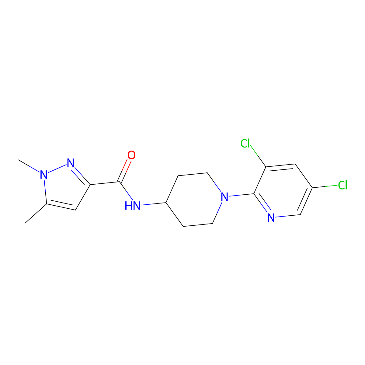 N-[1-(3,5-dichloropyridin-2-yl)piperidin-4-yl]-1,5-dimethyl-1H-pyrazole-3-carboxamide molecular structure, CAS 3054617-93-2
