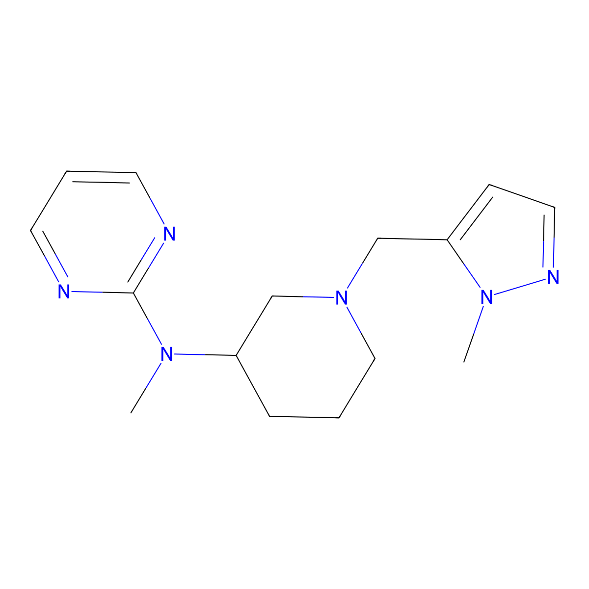 N-methyl-N-{1-[(1-methyl-1H-pyrazol-5-yl)methyl]piperidin-3-yl}pyrimidin-2-amine molecular structure, CAS 3054618-03-7