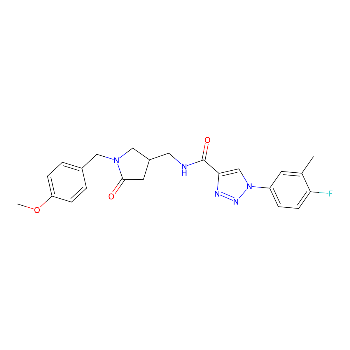 1-(4-fluoro-3-methylphenyl)-N-({1-[(4-methoxyphenyl)methyl]-5-oxopyrrolidin-3-yl}methyl)-1H-1,2,3-triazole-4-carboxamide molecular structure, CAS 3054618-04-8