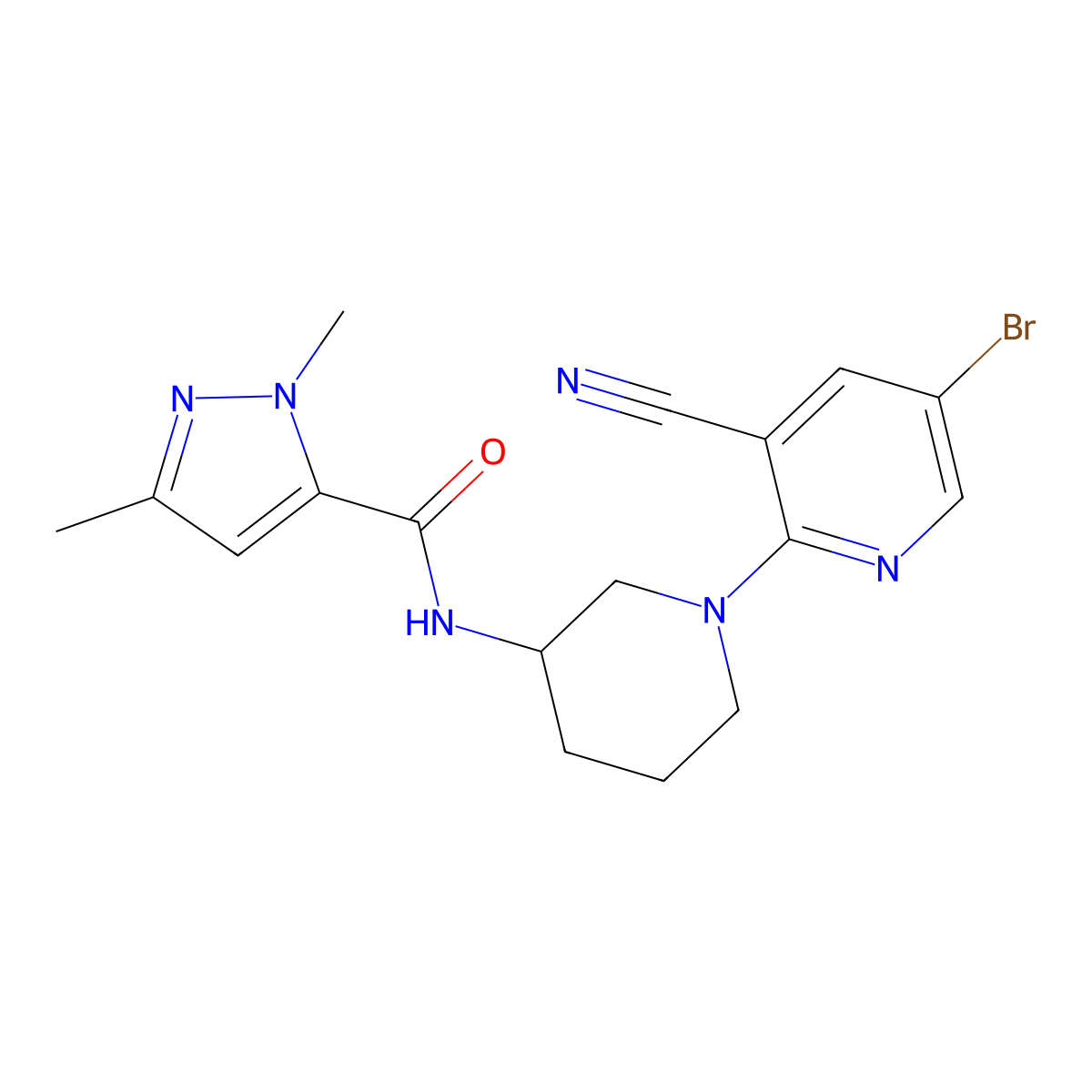 N-[1-(5-bromo-3-cyanopyridin-2-yl)piperidin-3-yl]-1,3-dimethyl-1H-pyrazole-5-carboxamide molecular structure, CAS 3054618-05-9
