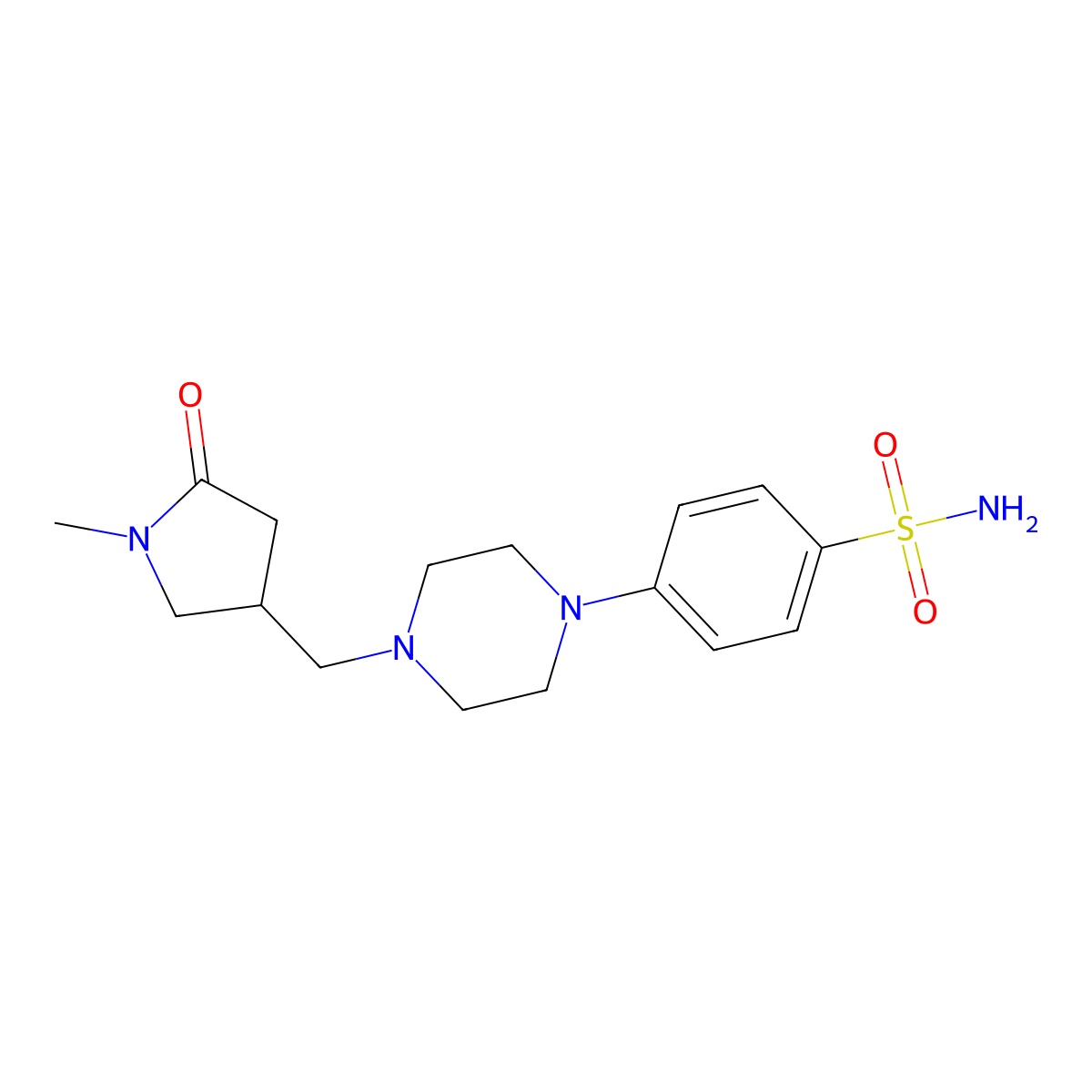 4-{4-[(1-Methyl-5-oxopyrrolidin-3-yl)methyl]piperazin-1-yl}benzene-1-sulfonamide molecular structure, CAS 3054618-06-0