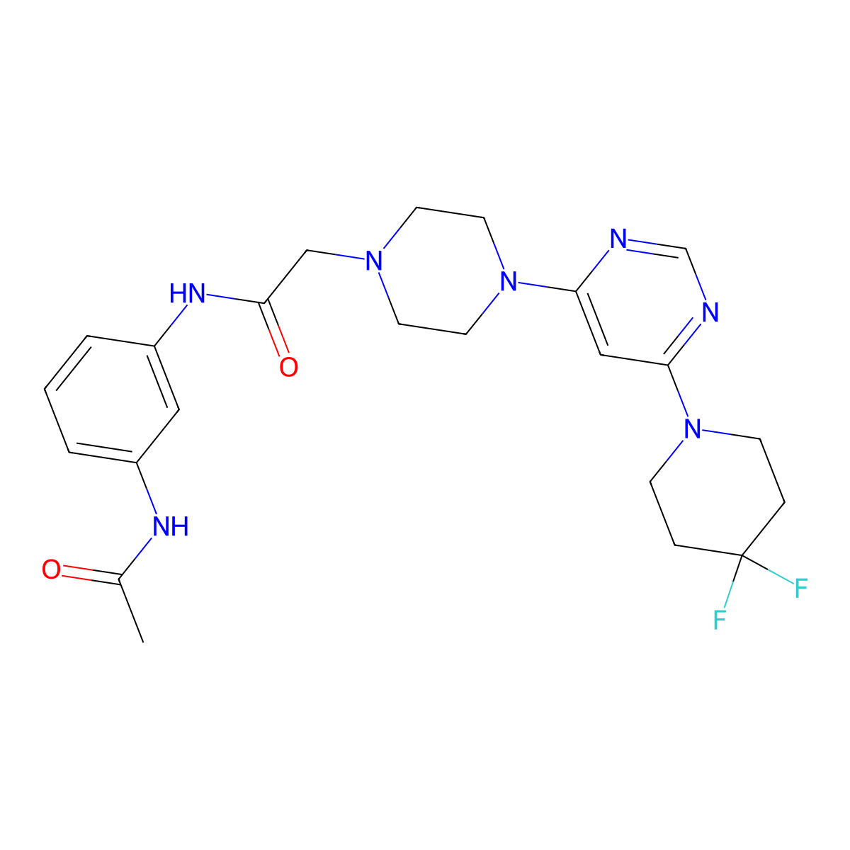 2-{4-[6-(4,4-difluoropiperidin-1-yl)pyrimidin-4-yl]piperazin-1-yl}-N-(3-acetamidophenyl)acetamide molecular structure, CAS 3054618-08-2