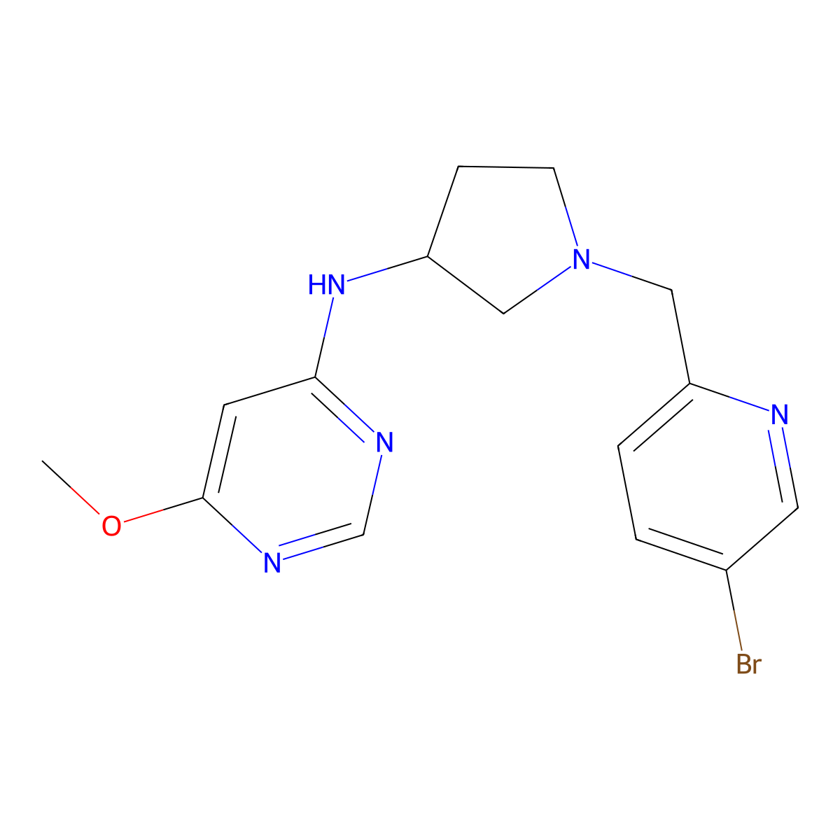 N-{1-[(5-bromopyridin-2-yl)methyl]pyrrolidin-3-yl}-6-methoxypyrimidin-4-amine molecular structure, CAS 3054618-13-9