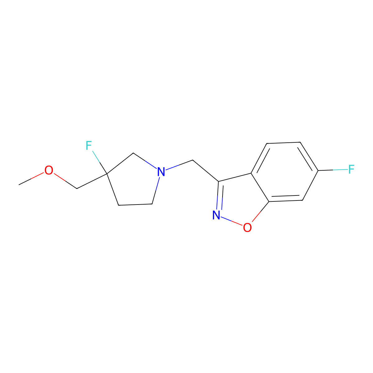6-Fluoro-3-{[3-fluoro-3-(methoxymethyl)pyrrolidin-1-yl]methyl}-1,2-benzoxazole molecular structure, CAS 3054618-20-8