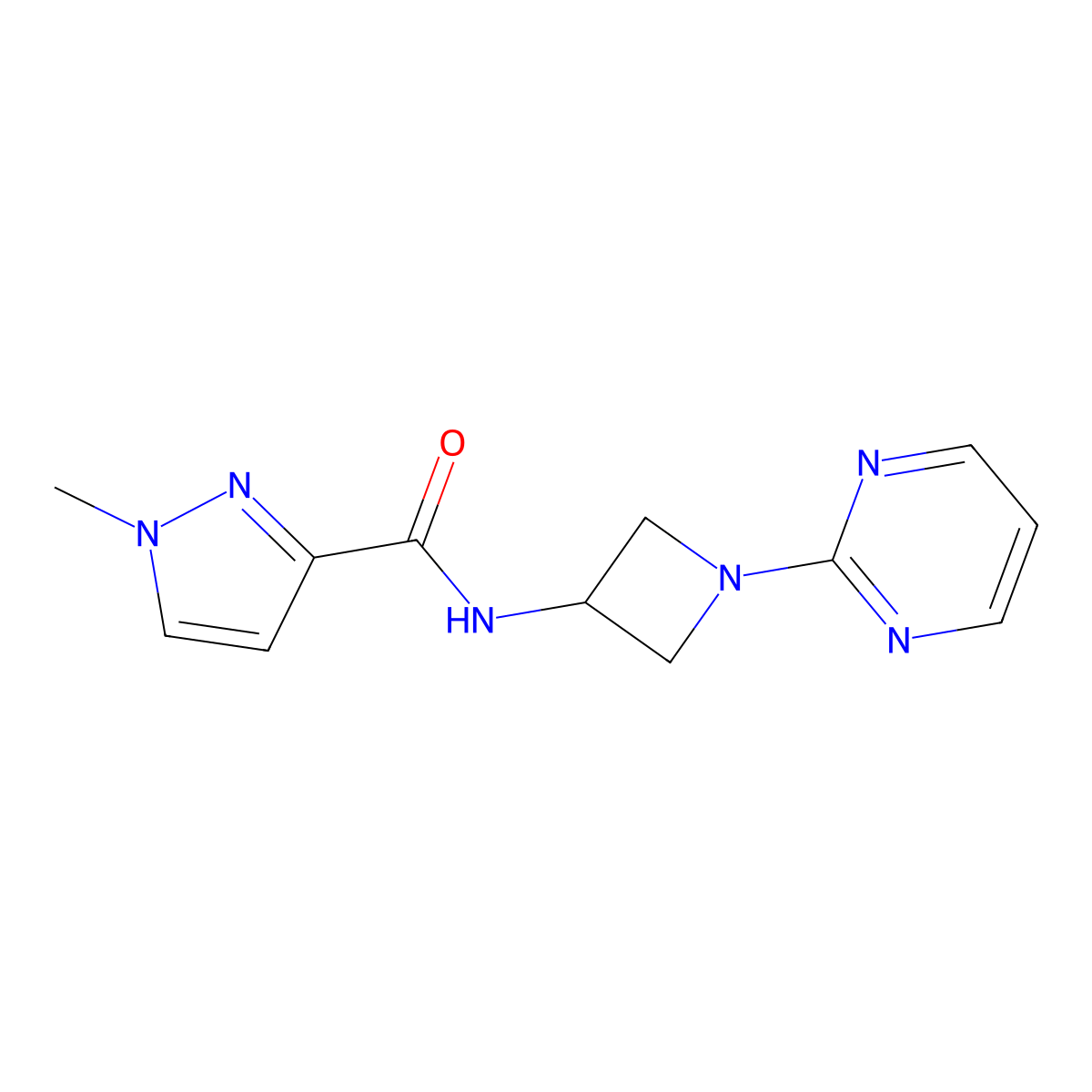 1-methyl-N-[1-(pyrimidin-2-yl)azetidin-3-yl]-1H-pyrazole-3-carboxamide molecular structure, CAS 3054618-25-3