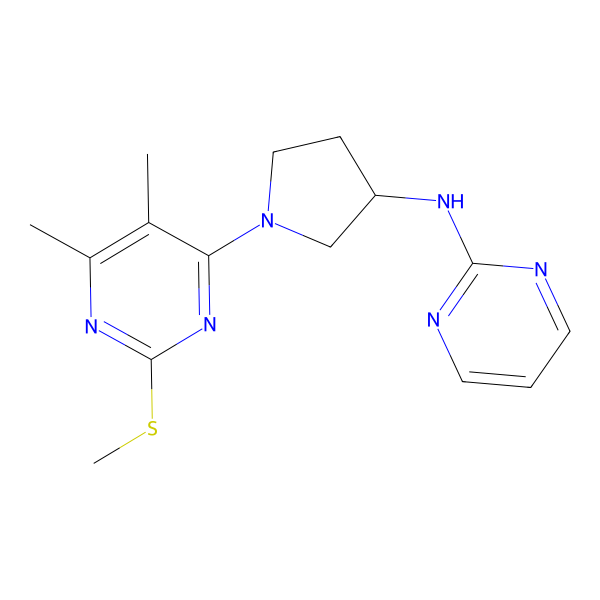 N-{1-[5,6-dimethyl-2-(methylsulfanyl)pyrimidin-4-yl]pyrrolidin-3-yl}pyrimidin-2-amine molecular structure, CAS 3054618-32-2