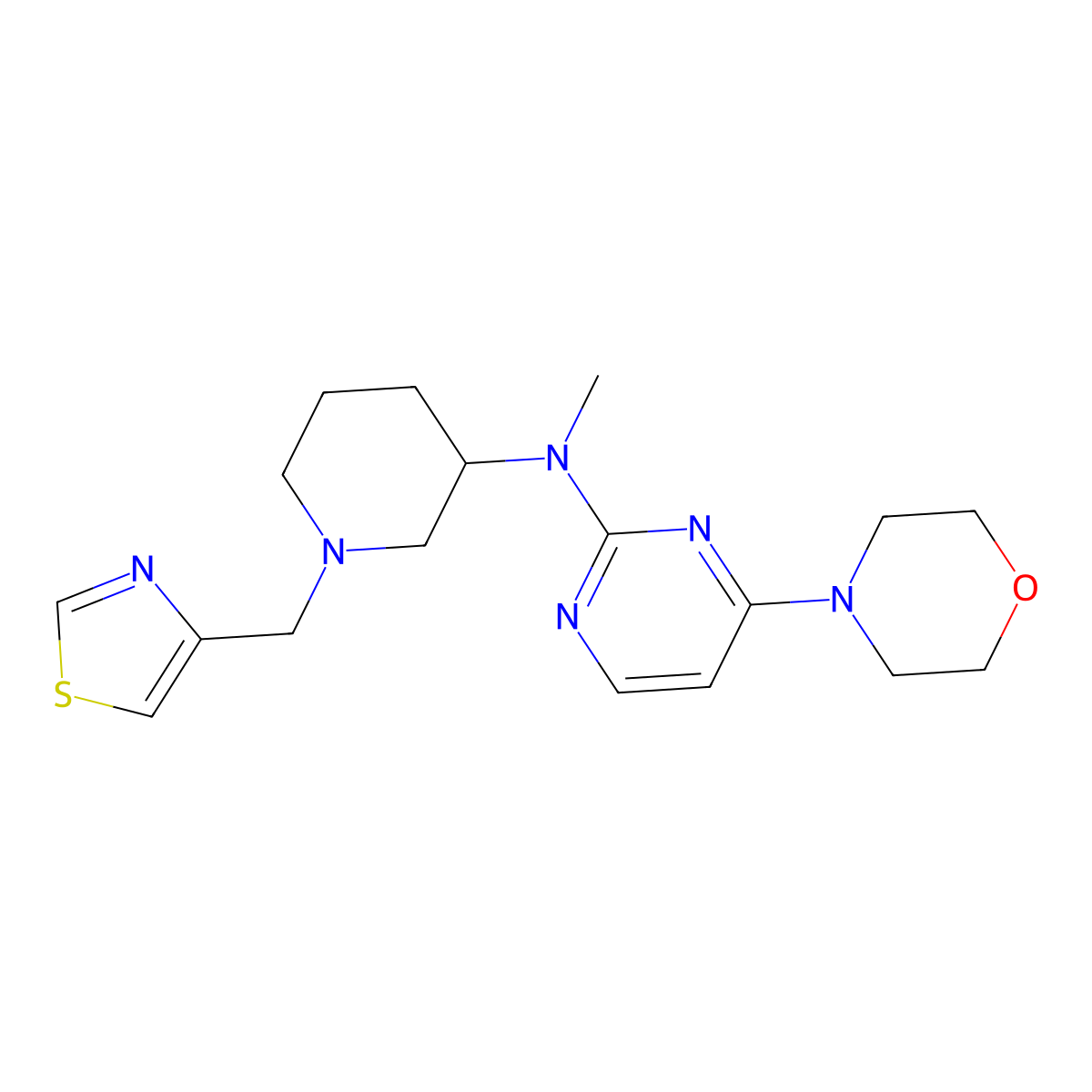 N-methyl-4-(morpholin-4-yl)-N-{1-[(1,3-thiazol-4-yl)methyl]piperidin-3-yl}pyrimidin-2-amine molecular structure, CAS 3054618-39-9