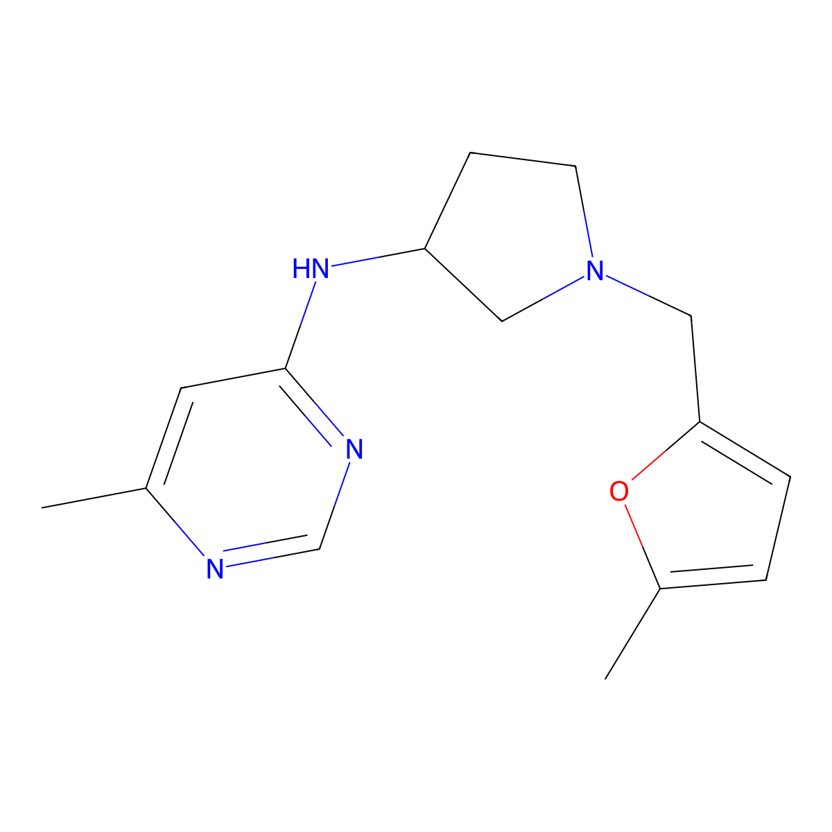 6-methyl-N-{1-[(5-methylfuran-2-yl)methyl]pyrrolidin-3-yl}pyrimidin-4-amine molecular structure, CAS 3054618-40-2