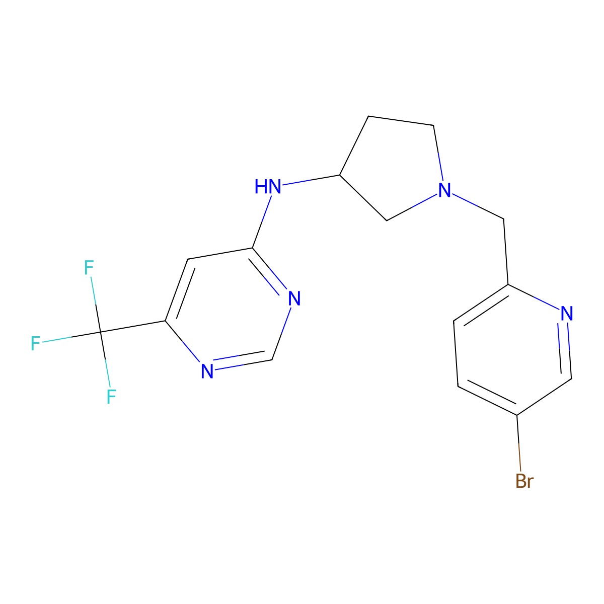 N-{1-[(5-bromopyridin-2-yl)methyl]pyrrolidin-3-yl}-6-(trifluoromethyl)pyrimidin-4-amine molecular structure, CAS 3054618-41-3