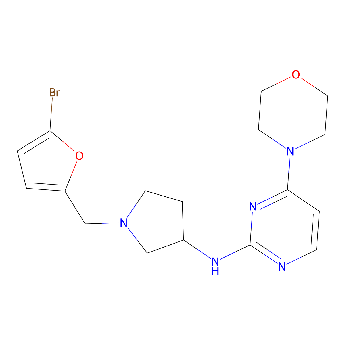 N-{1-[(5-bromofuran-2-yl)methyl]pyrrolidin-3-yl}-4-(morpholin-4-yl)pyrimidin-2-amine molecular structure, CAS 3054618-48-0