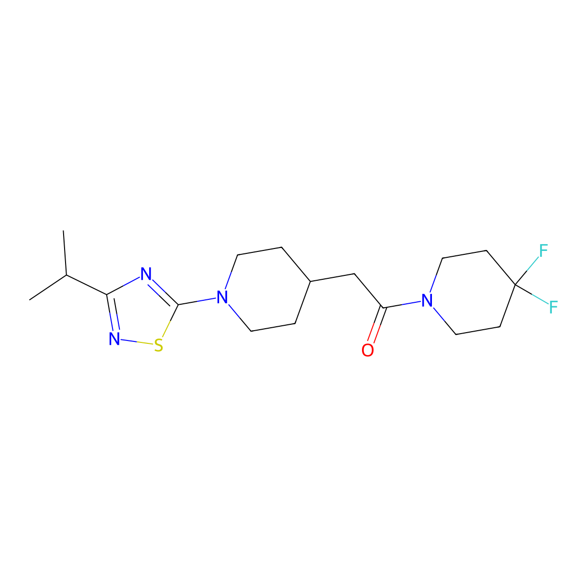 1-(4,4-Difluoropiperidin-1-yl)-2-{1-[3-(propan-2-yl)-1,2,4-thiadiazol-5-yl]piperidin-4-yl}ethan-1-one molecular structure, CAS 3054618-52-6