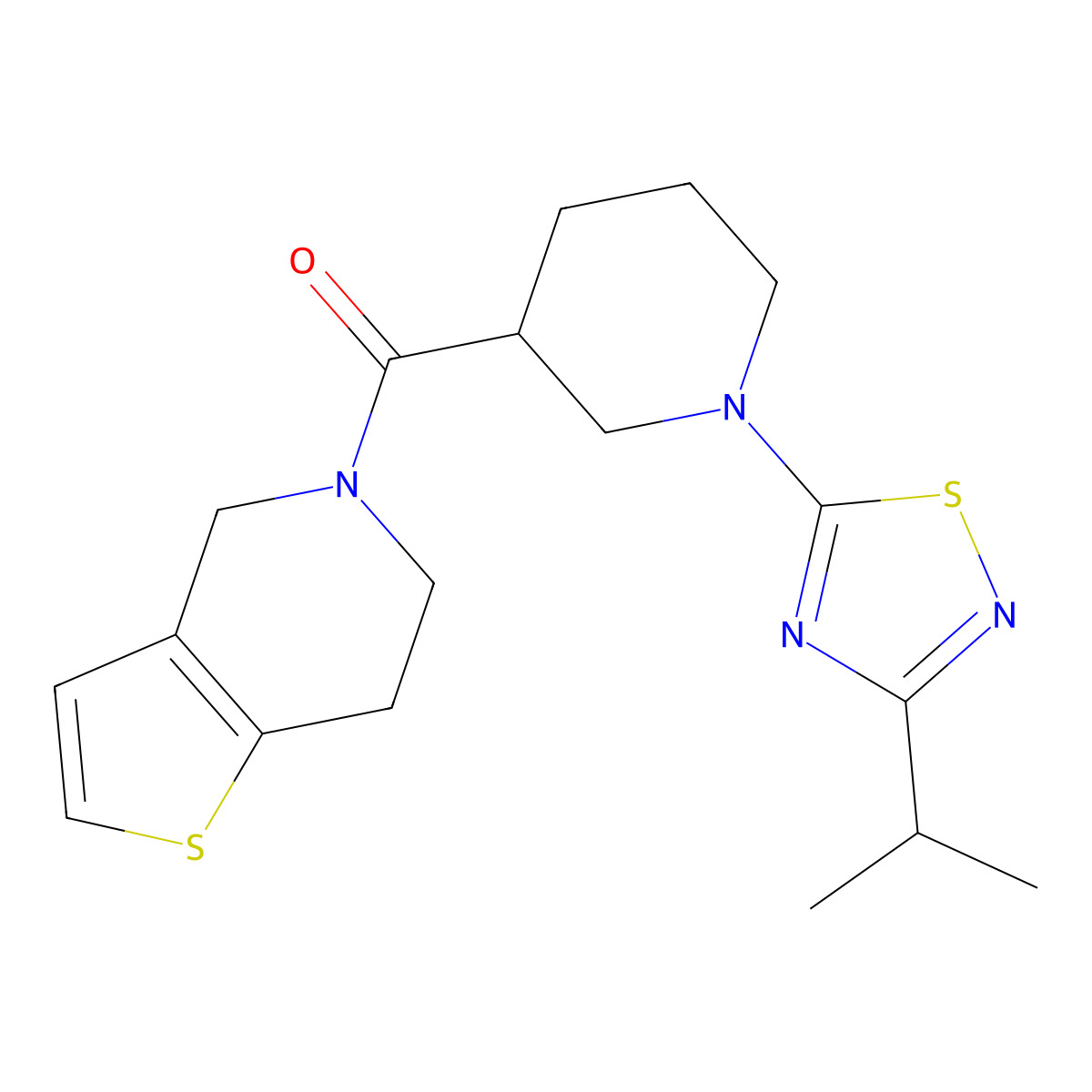 1-[3-(propan-2-yl)-1,2,4-thiadiazol-5-yl]-3-{4H,5H,6H,7H-thieno[3,2-c]pyridine-5-carbonyl}piperidine molecular structure, CAS 3054618-53-7