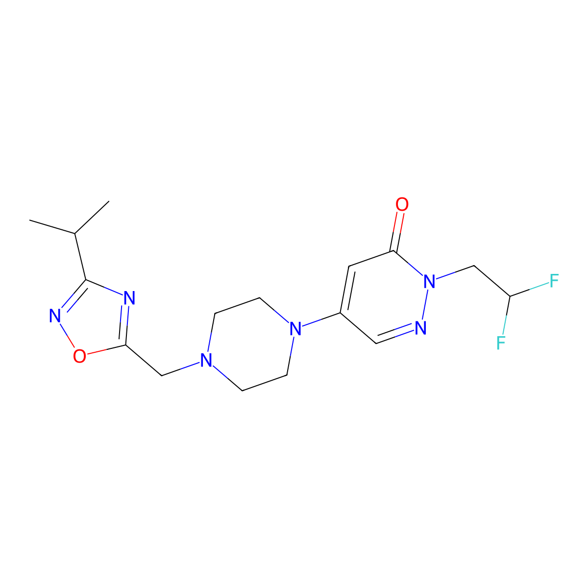 2-(2,2-Difluoroethyl)-5-(4-{[3-(propan-2-yl)-1,2,4-oxadiazol-5-yl]methyl}piperazin-1-yl)-2,3-dihydropyridazin-3-one molecular structure, CAS 3054618-54-8