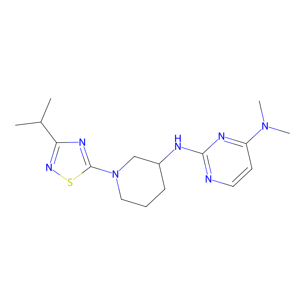 N4,N4-dimethyl-N2-{1-[3-(propan-2-yl)-1,2,4-thiadiazol-5-yl]piperidin-3-yl}pyrimidine-2,4-diamine molecular structure, CAS 3054618-55-9