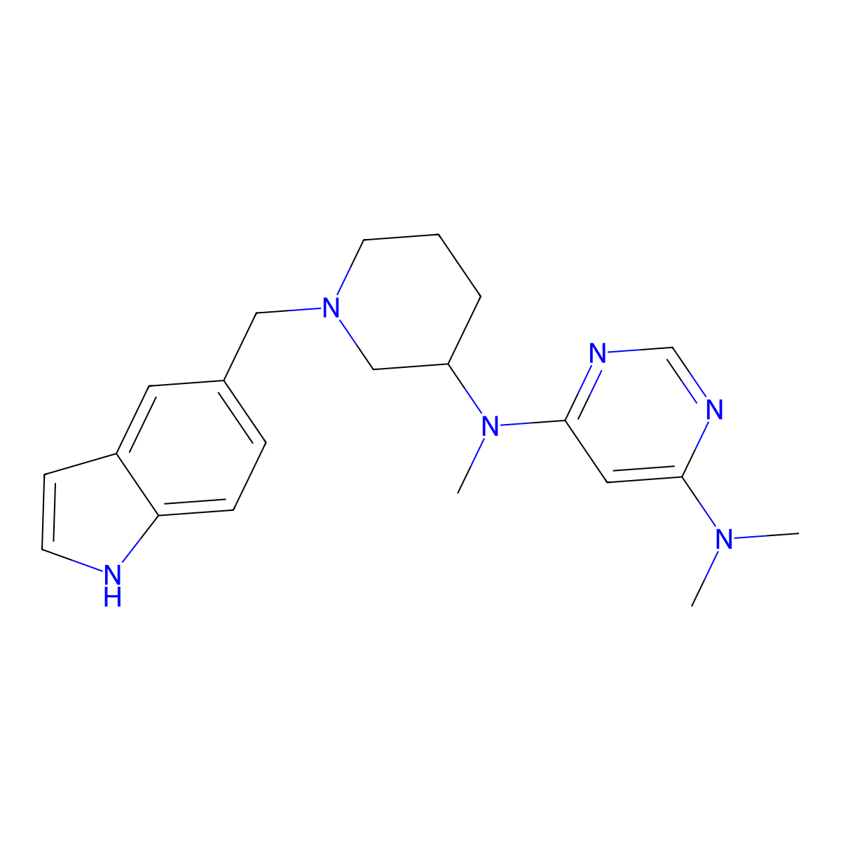 N4-{1-[(1H-indol-5-yl)methyl]piperidin-3-yl}-N4,N6,N6-trimethylpyrimidine-4,6-diamine molecular structure, CAS 3054618-58-2