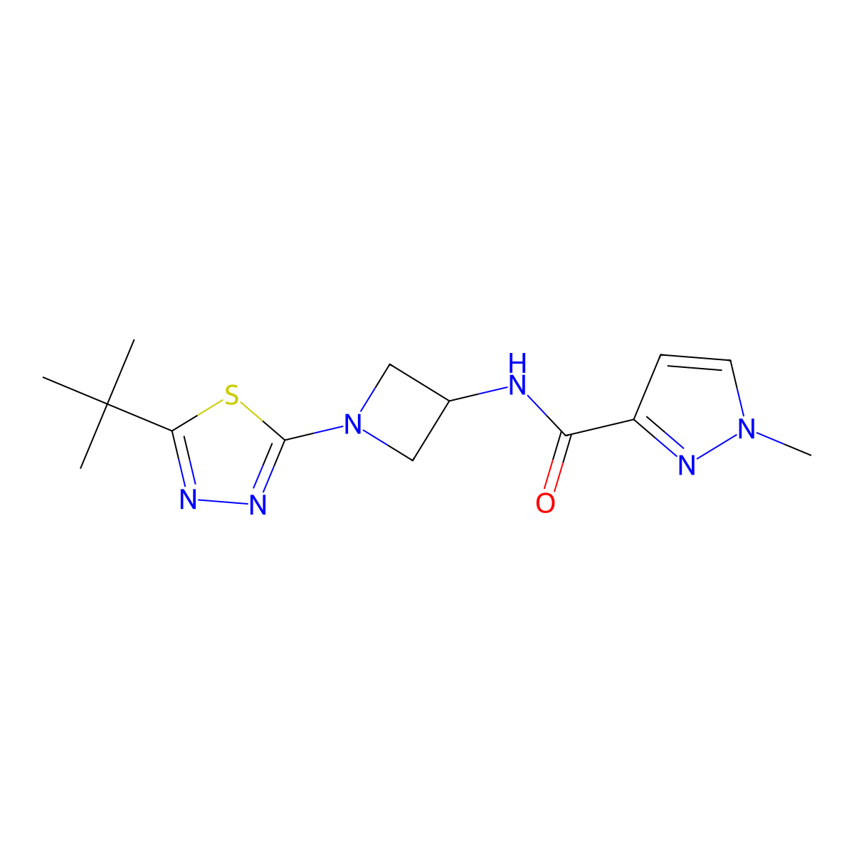 N-[1-(5-tert-butyl-1,3,4-thiadiazol-2-yl)azetidin-3-yl]-1-methyl-1H-pyrazole-3-carboxamide molecular structure, CAS 3054618-60-6