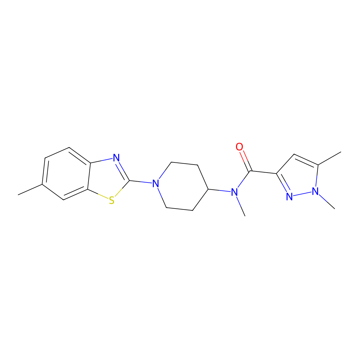 N,1,5-trimethyl-N-[1-(6-methyl-1,3-benzothiazol-2-yl)piperidin-4-yl]-1H-pyrazole-3-carboxamide molecular structure, CAS 3054618-61-7