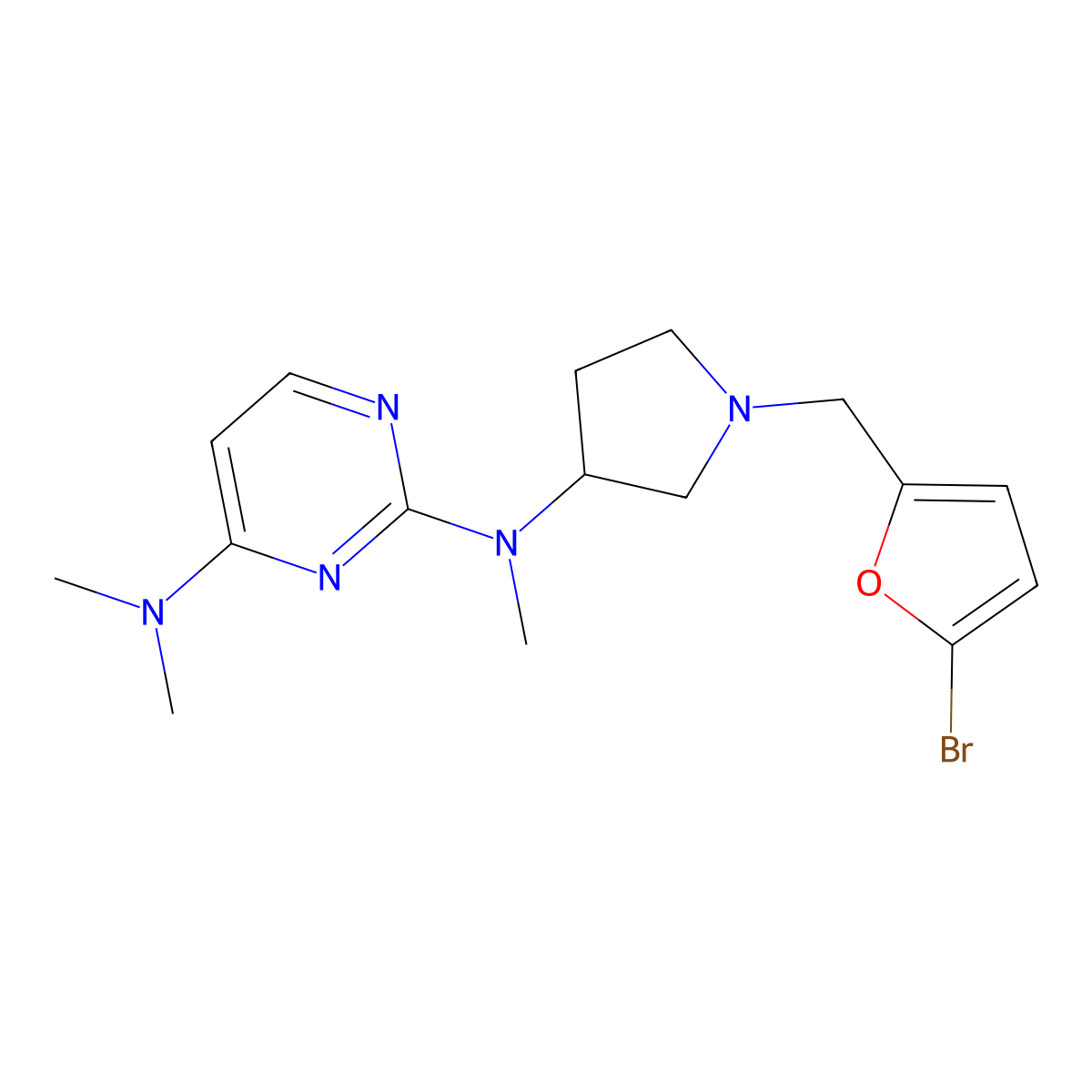 2-N-[1-[(5-bromofuran-2-yl)methyl]pyrrolidin-3-yl]-2-N,4-N,4-N-trimethylpyrimidine-2,4-diamine molecular structure, CAS 3054618-65-1