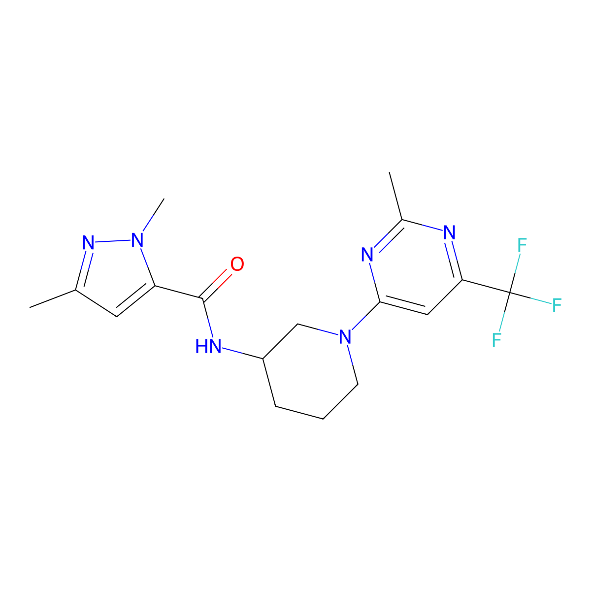 1,3-dimethyl-N-{1-[2-methyl-6-(trifluoromethyl)pyrimidin-4-yl]piperidin-3-yl}-1H-pyrazole-5-carboxamide molecular structure, CAS 3054618-66-2