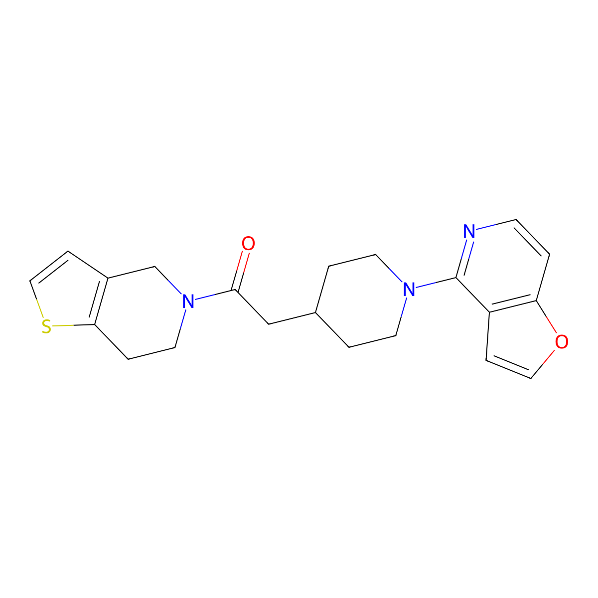 2-(1-{furo[3,2-c]pyridin-4-yl}piperidin-4-yl)-1-{4H,5H,6H,7H-thieno[3,2-c]pyridin-5-yl}ethan-1-one molecular structure, CAS 3054618-68-4