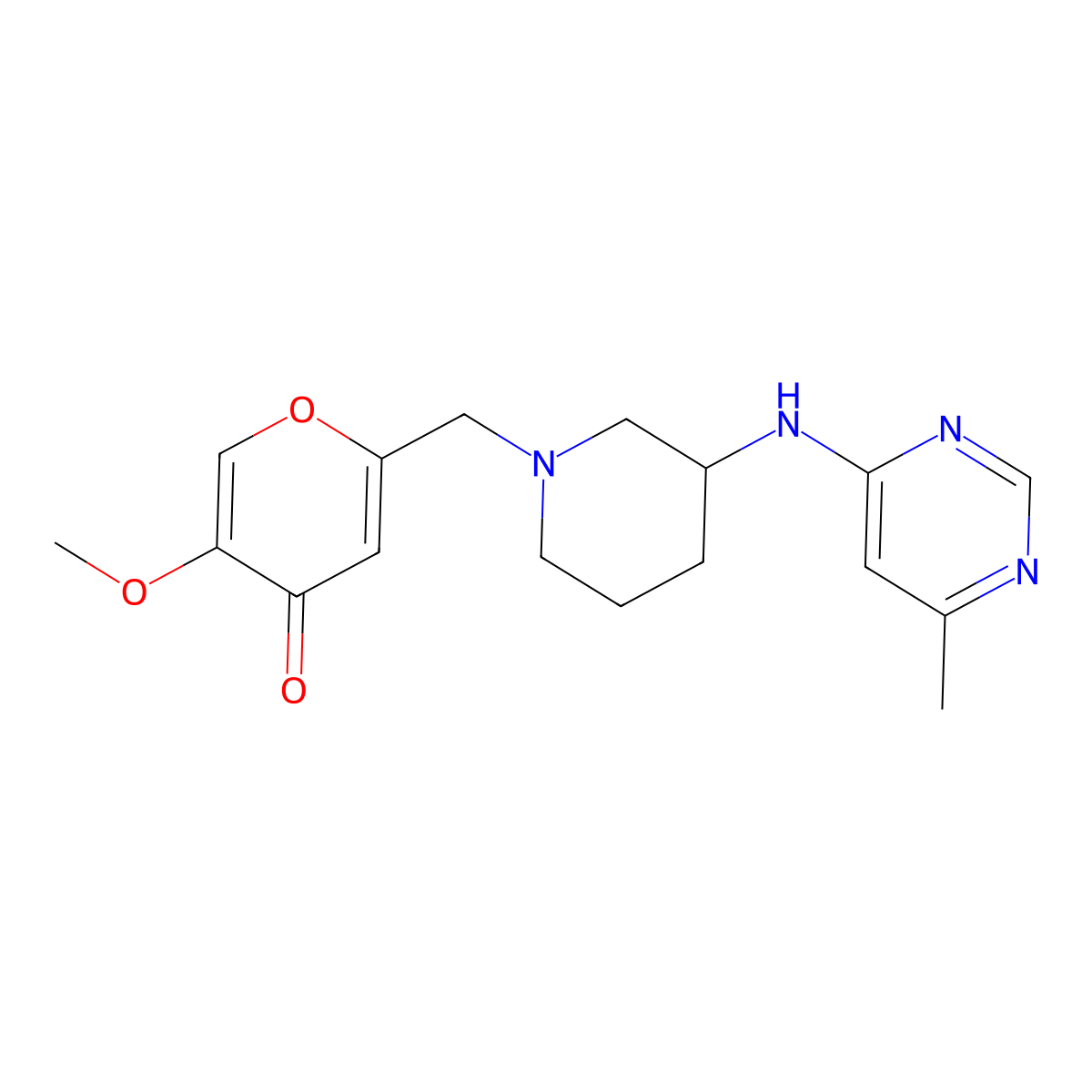 5-methoxy-2-({3-[(6-methylpyrimidin-4-yl)amino]piperidin-1-yl}methyl)-4H-pyran-4-one molecular structure, CAS 3054618-71-9