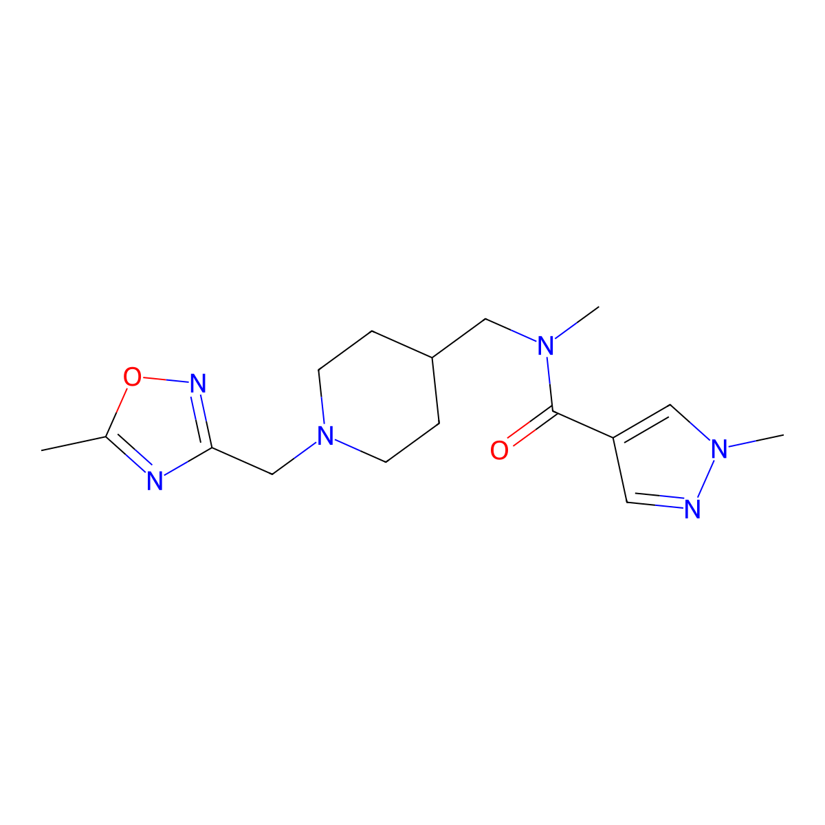 N,1-dimethyl-N-({1-[(5-methyl-1,2,4-oxadiazol-3-yl)methyl]piperidin-4-yl}methyl)-1H-pyrazole-4-carboxamide molecular structure, CAS 3054618-73-1