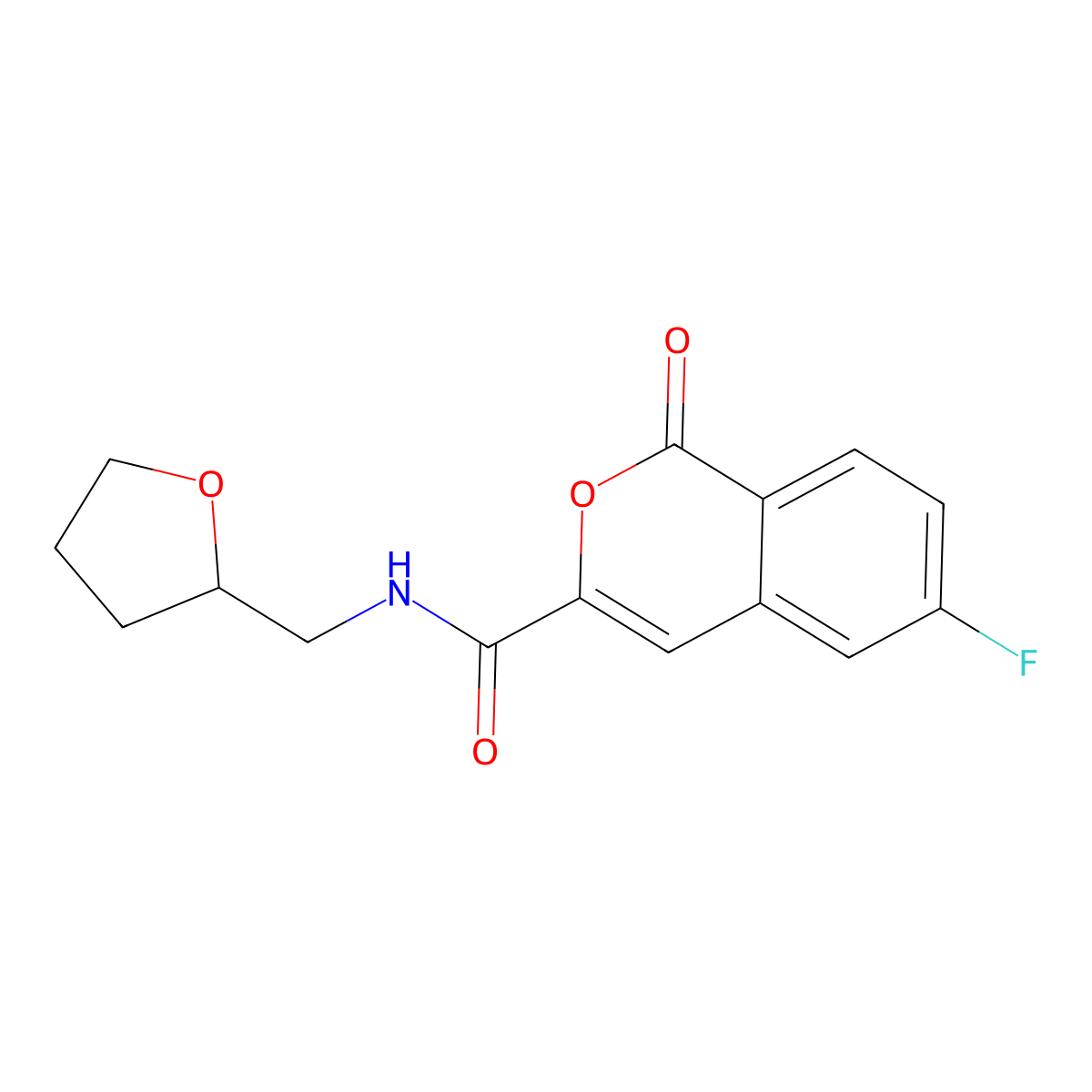 6-fluoro-1-oxo-N-[(oxolan-2-yl)methyl]-1H-isochromene-3-carboxamide molecular structure, CAS 3054618-80-0
