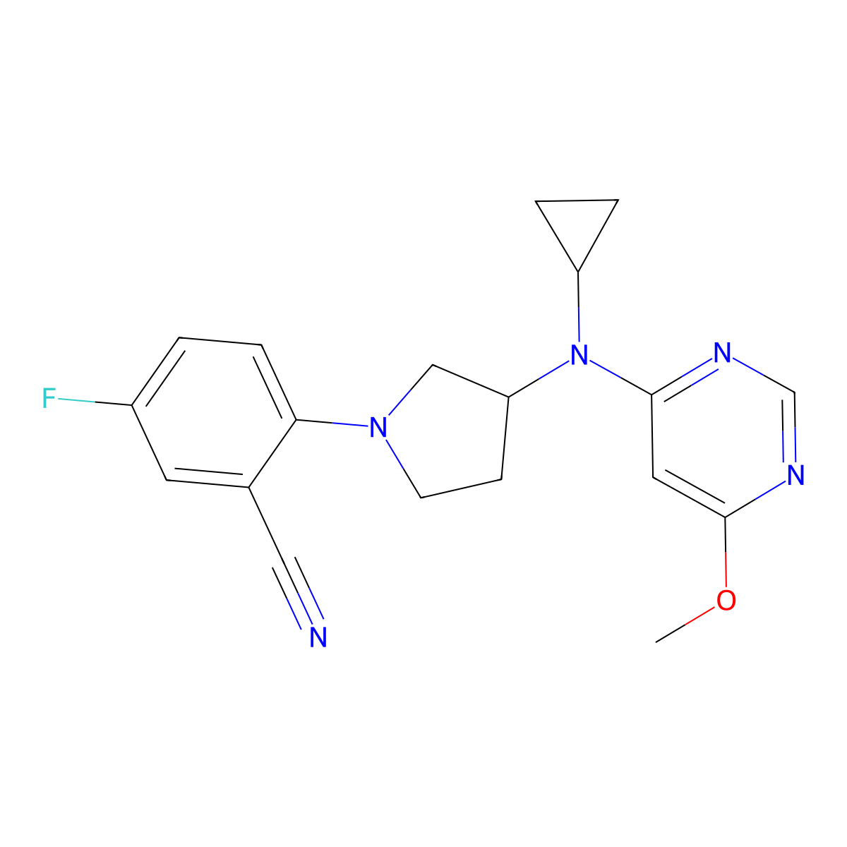 2-{3-[Cyclopropyl(6-methoxypyrimidin-4-yl)amino]pyrrolidin-1-yl}-5-fluorobenzonitrile molecular structure, CAS 3054618-83-3