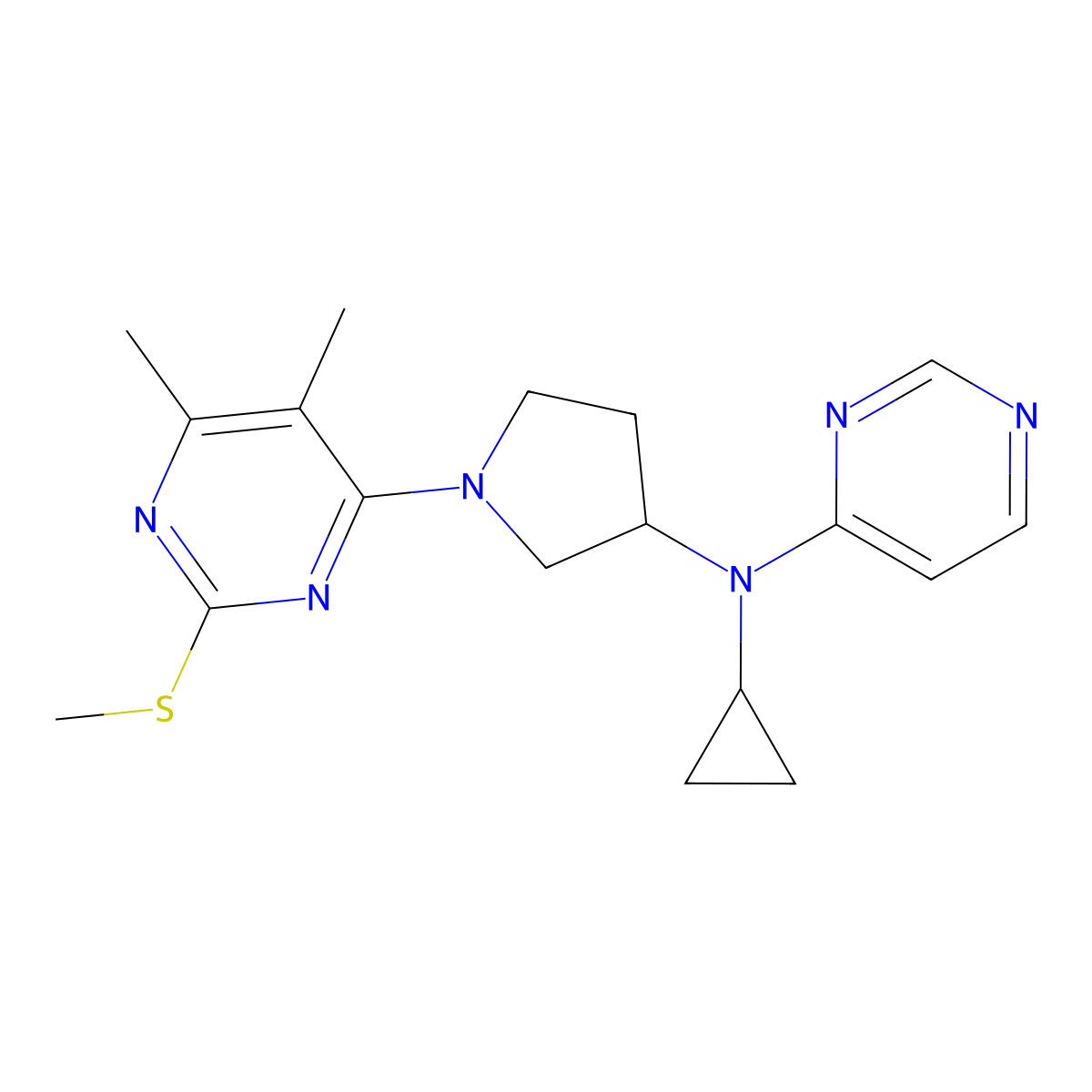 N-cyclopropyl-N-{1-[5,6-dimethyl-2-(methylsulfanyl)pyrimidin-4-yl]pyrrolidin-3-yl}pyrimidin-4-amine molecular structure, CAS 3054618-86-6