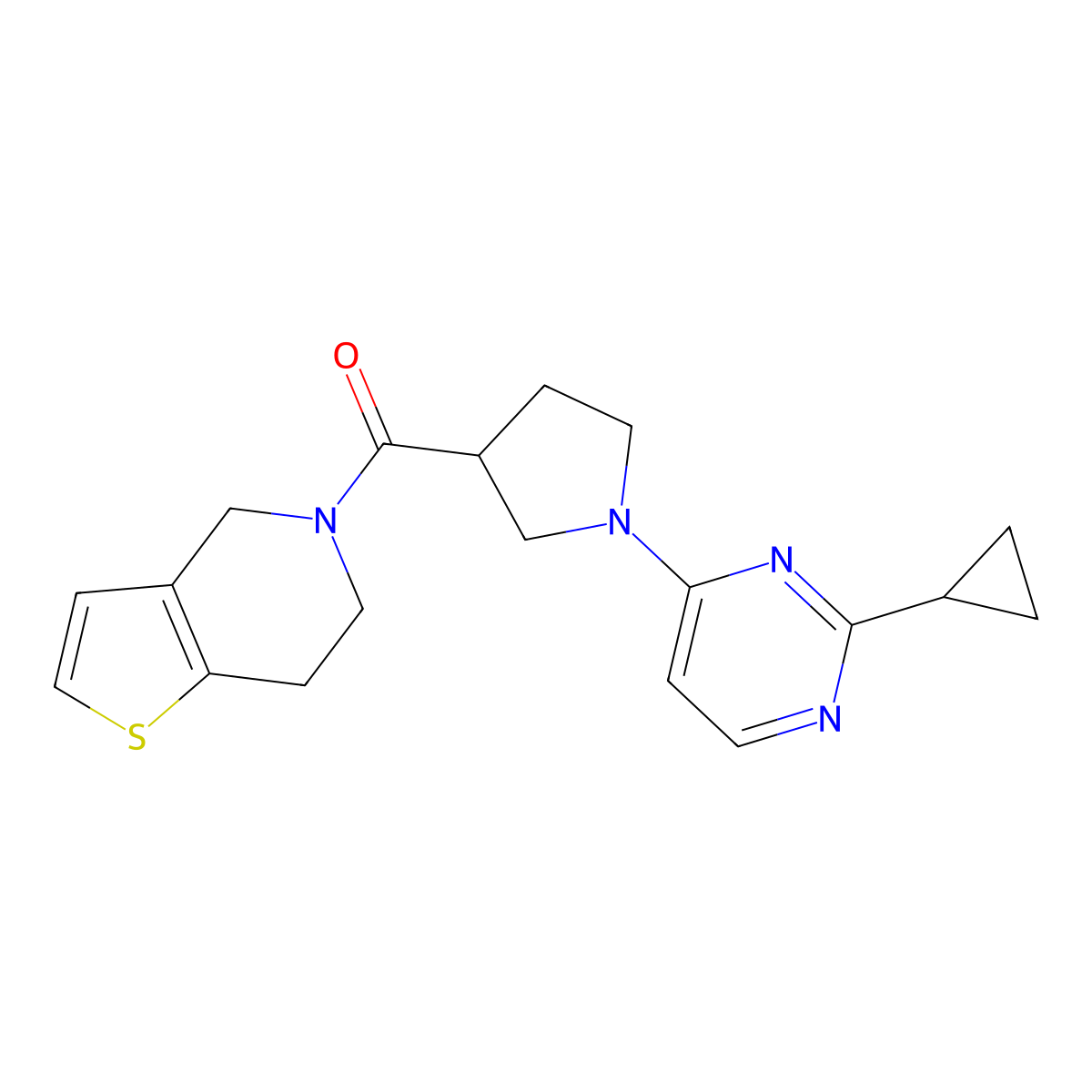 2-cyclopropyl-4-(3-{4H,5H,6H,7H-thieno[3,2-c]pyridine-5-carbonyl}pyrrolidin-1-yl)pyrimidine molecular structure, CAS 3054618-96-8