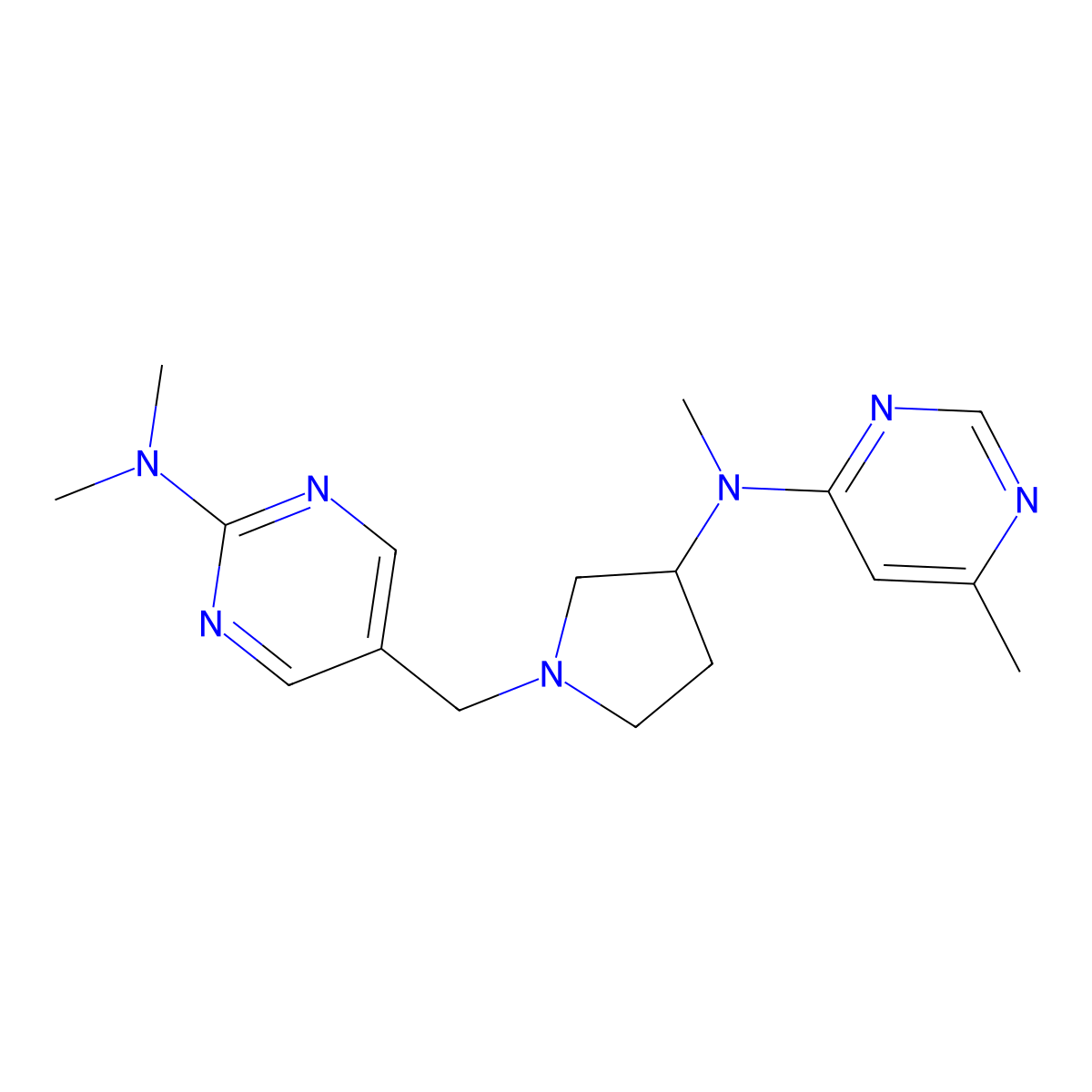 N,N-dimethyl-5-({3-[methyl(6-methylpyrimidin-4-yl)amino]pyrrolidin-1-yl}methyl)pyrimidin-2-amine molecular structure, CAS 3054618-99-1
