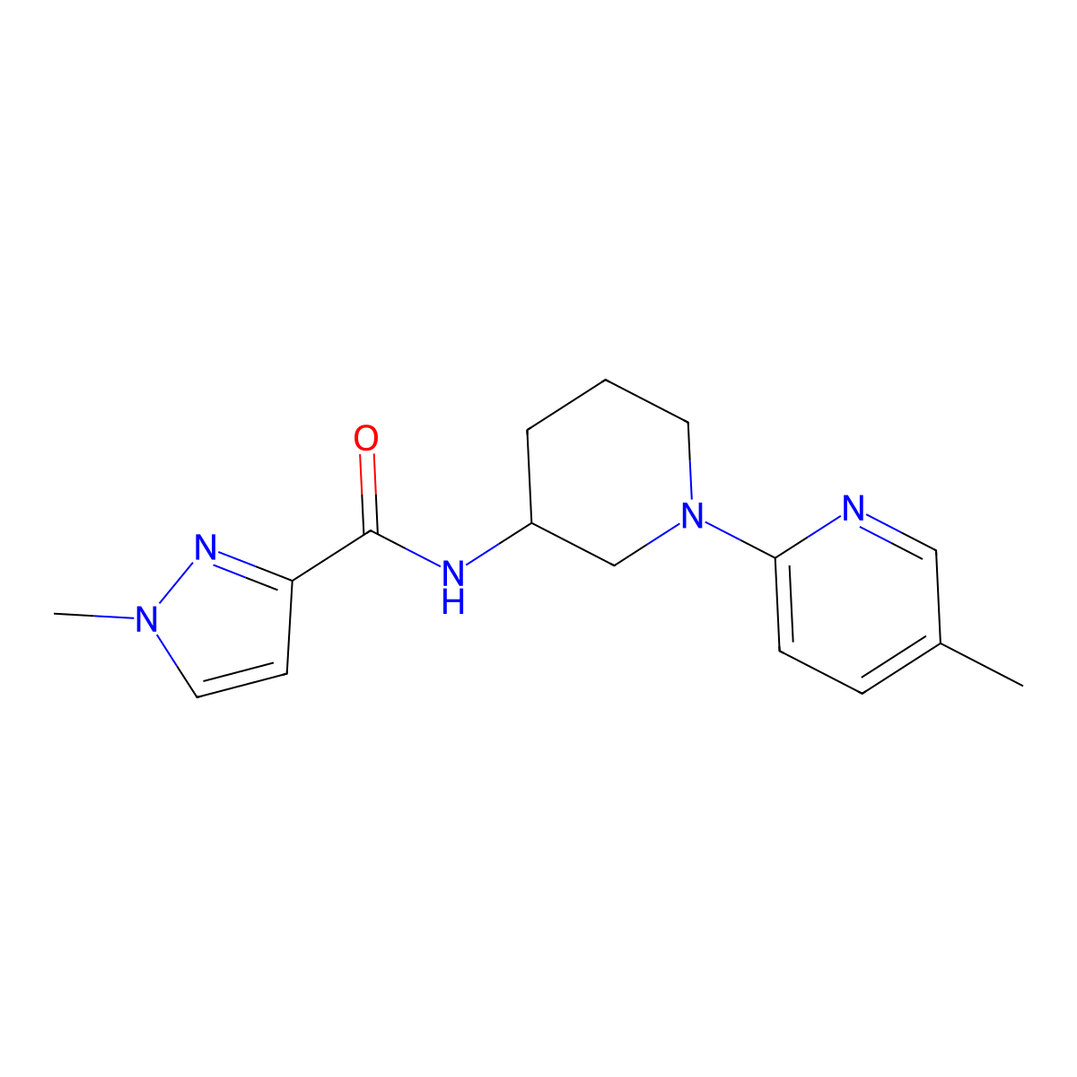 1-methyl-N-[1-(5-methylpyridin-2-yl)piperidin-3-yl]-1H-pyrazole-3-carboxamide molecular structure, CAS 3054619-04-1