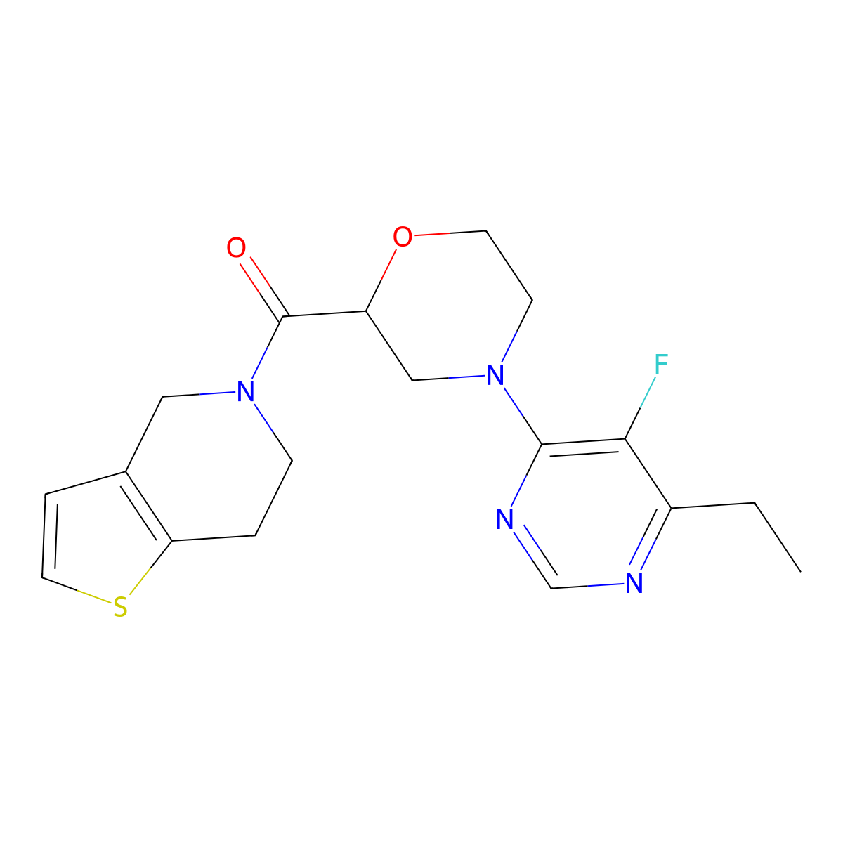 4-(6-ethyl-5-fluoropyrimidin-4-yl)-2-{4H,5H,6H,7H-thieno[3,2-c]pyridine-5-carbonyl}morpholine molecular structure, CAS 3054619-05-2