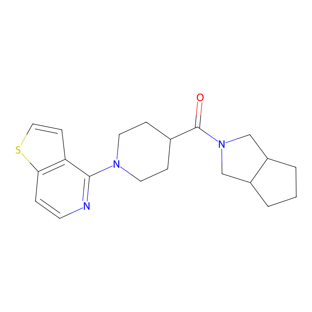 4-{Octahydrocyclopenta[c]pyrrole-2-carbonyl}-1-{thieno[3,2-c]pyridin-4-yl}piperidine molecular structure, CAS 3054619-07-4