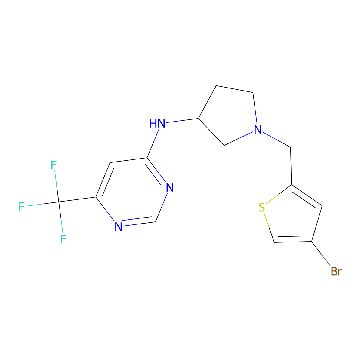 N-[1-[(4-bromothiophen-2-yl)methyl]pyrrolidin-3-yl]-6-(trifluoromethyl)pyrimidin-4-amine molecular structure, CAS 3054619-08-5