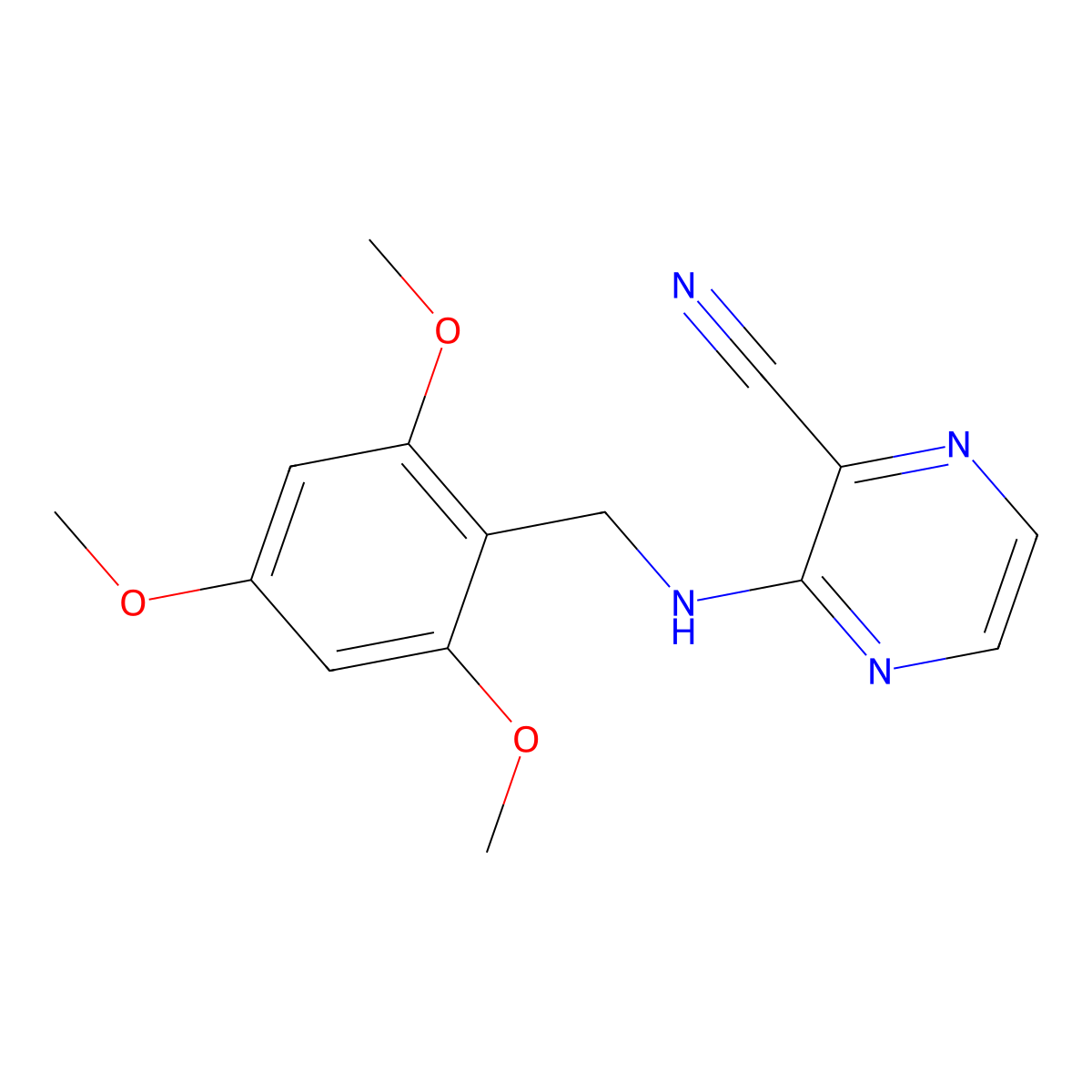 3-{[(2,4,6-Trimethoxyphenyl)methyl]amino}pyrazine-2-carbonitrile molecular structure, CAS 3054619-14-3