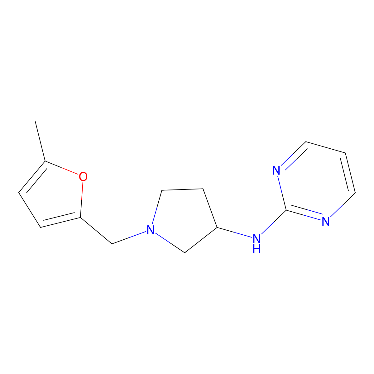 N-{1-[(5-methylfuran-2-yl)methyl]pyrrolidin-3-yl}pyrimidin-2-amine molecular structure, CAS 3054619-29-0