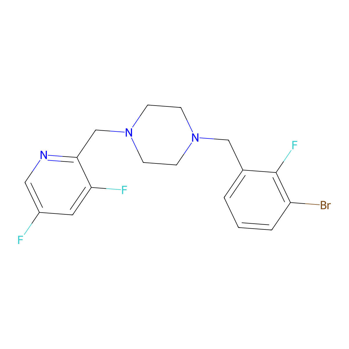 1-[(3-Bromo-2-fluorophenyl)methyl]-4-[(3,5-difluoropyridin-2-yl)methyl]piperazine molecular structure, CAS 3054619-34-7