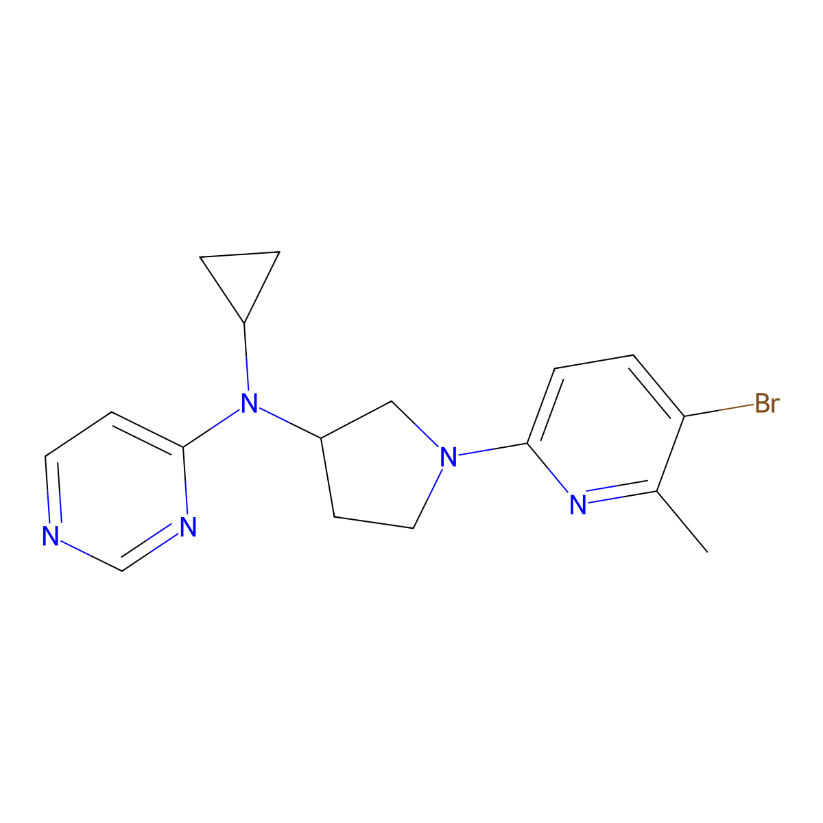N-[1-(5-bromo-6-methylpyridin-2-yl)pyrrolidin-3-yl]-N-cyclopropylpyrimidin-4-amine molecular structure, CAS 3054619-43-8