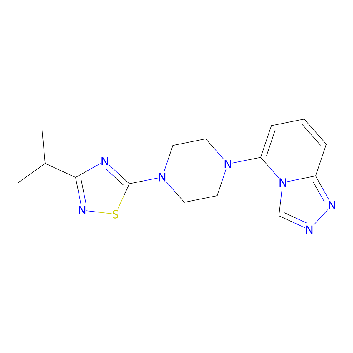 1-[3-(Propan-2-yl)-1,2,4-thiadiazol-5-yl]-4-{[1,2,4]triazolo[4,3-a]pyridin-5-yl}piperazine molecular structure, CAS 3054619-47-2