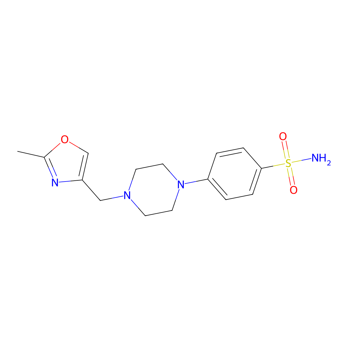 4-{4-[(2-Methyl-1,3-oxazol-4-yl)methyl]piperazin-1-yl}benzene-1-sulfonamide molecular structure, CAS 3054619-49-4