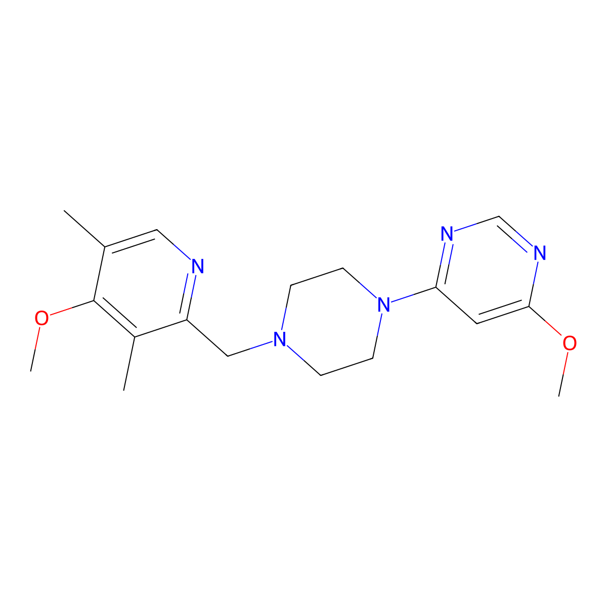 4-Methoxy-6-{4-[(4-methoxy-3,5-dimethylpyridin-2-yl)methyl]piperazin-1-yl}pyrimidine molecular structure, CAS 3054619-54-1