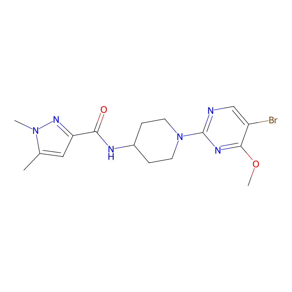 N-[1-(5-bromo-4-methoxypyrimidin-2-yl)piperidin-4-yl]-1,5-dimethyl-1H-pyrazole-3-carboxamide molecular structure, CAS 3054619-55-2