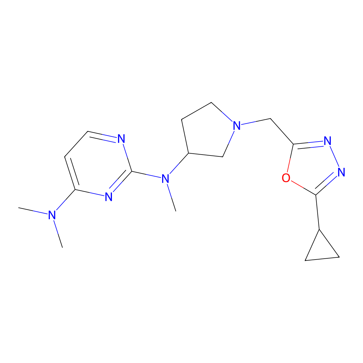 N2-{1-[(5-cyclopropyl-1,3,4-oxadiazol-2-yl)methyl]pyrrolidin-3-yl}-N2,N4,N4-trimethylpyrimidine-2,4-diamine molecular structure, CAS 3054619-60-9
