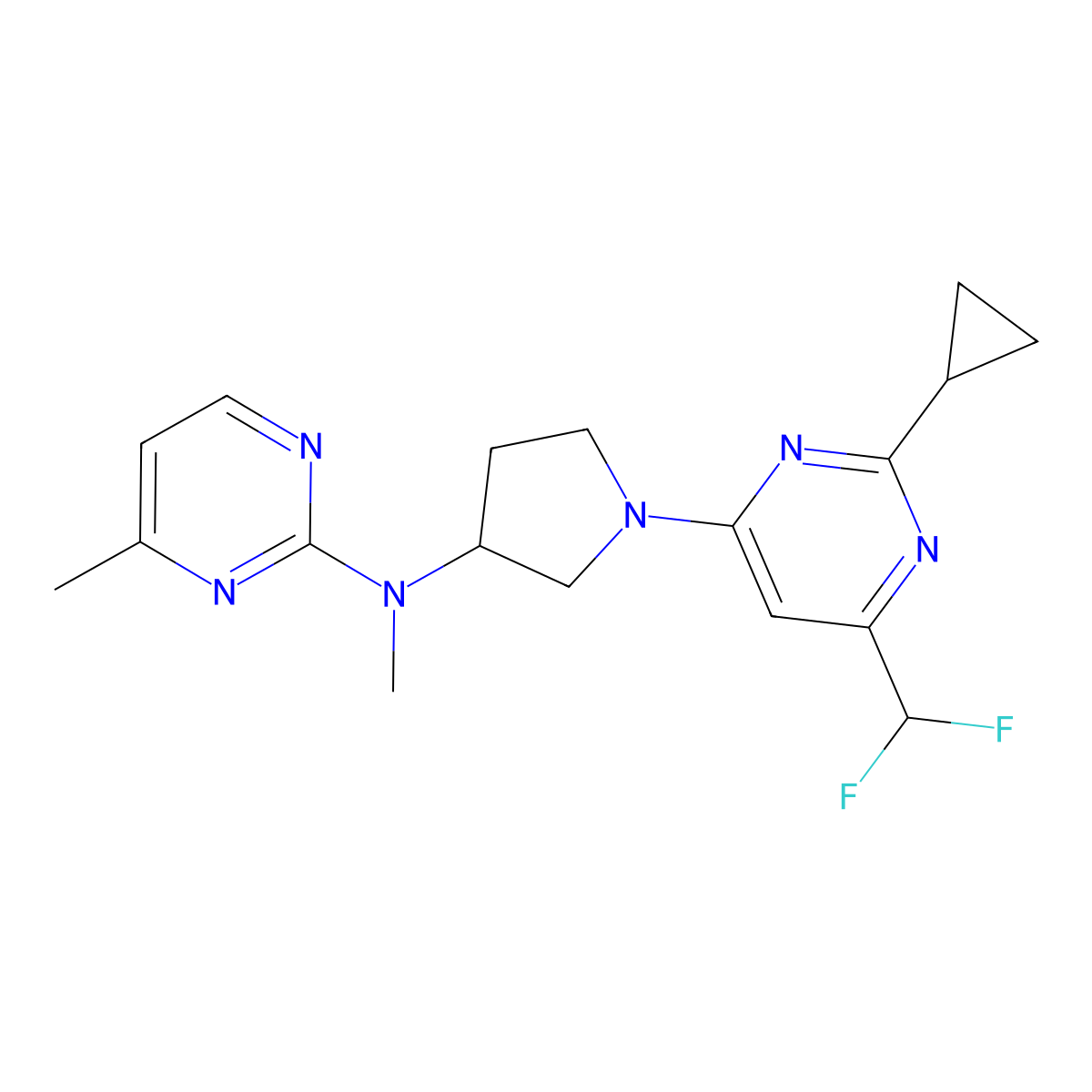 N-{1-[2-cyclopropyl-6-(difluoromethyl)pyrimidin-4-yl]pyrrolidin-3-yl}-N,4-dimethylpyrimidin-2-amine molecular structure, CAS 3054619-61-0