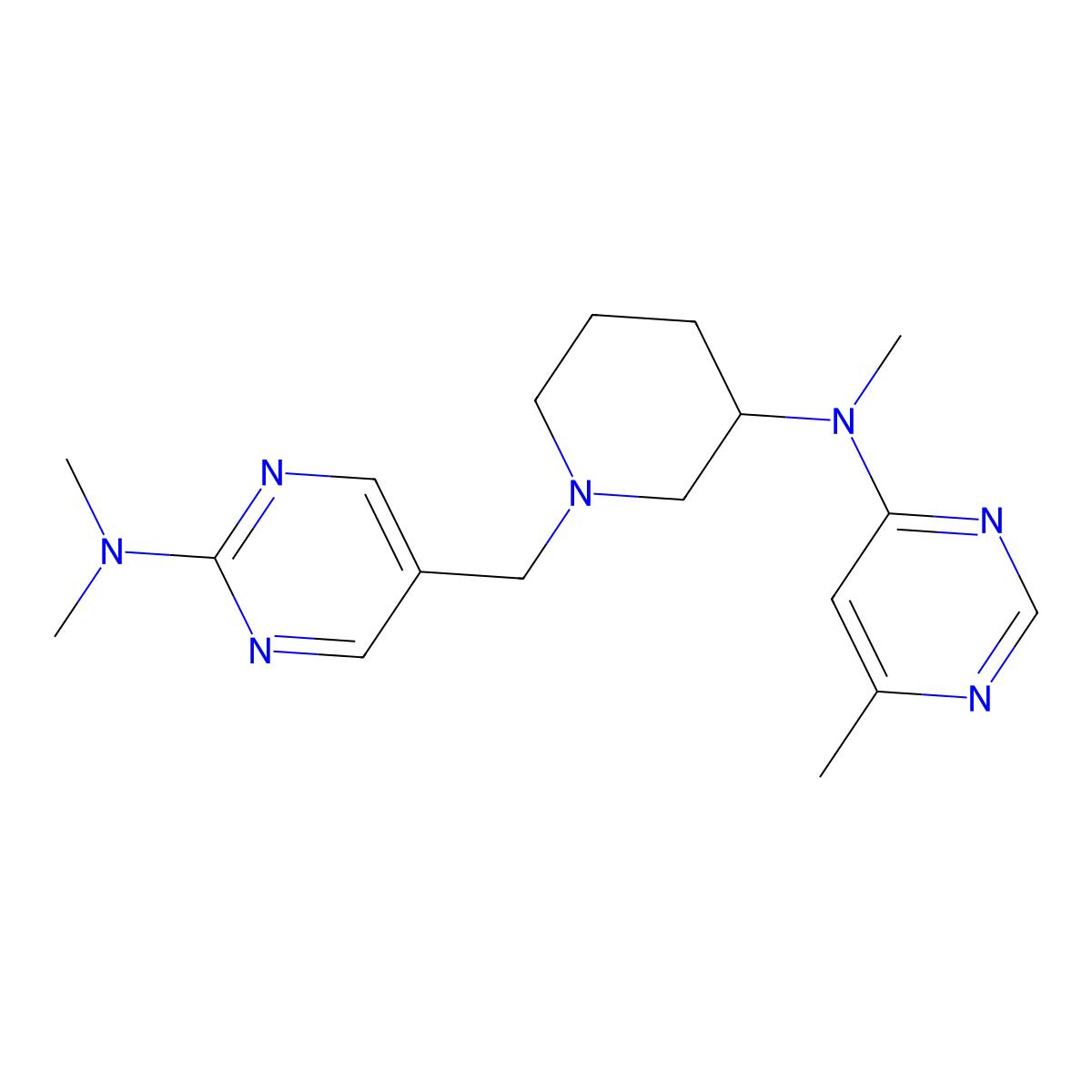 N,N-dimethyl-5-({3-[methyl(6-methylpyrimidin-4-yl)amino]piperidin-1-yl}methyl)pyrimidin-2-amine molecular structure, CAS 3054619-69-8