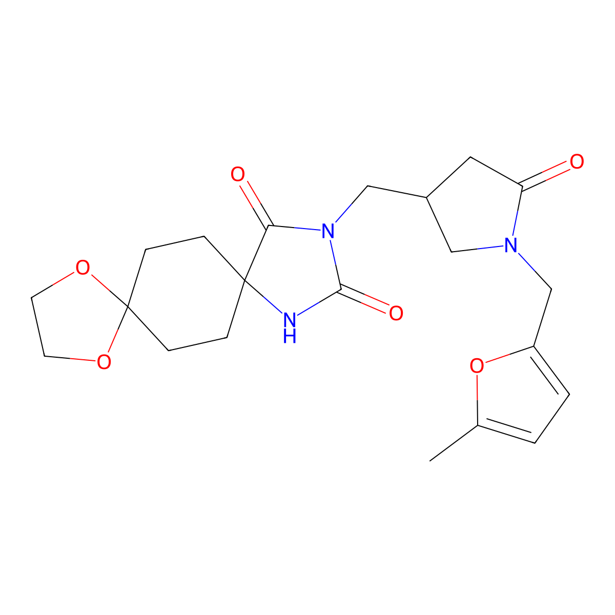 3-({1-[(5-Methylfuran-2-yl)methyl]-5-oxopyrrolidin-3-yl}methyl)-9,12-dioxa-1,3-diazadispiro[4.2.4.2]tetradecane-2,4-dione molecular structure, CAS 3054619-74-5